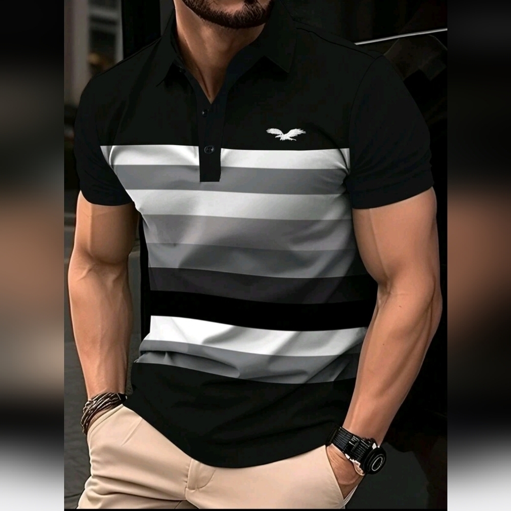 Manfinity Polo Shirt L Striped Gradient Black Gray White Casual Modern Stretch